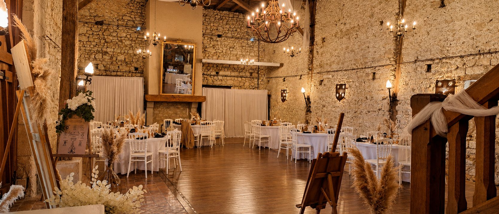 Salle de réception habillée par Customix Events, murs de pierre et lustres