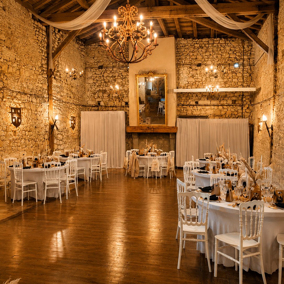 Salle de réception aux murs de pierre, tables dressées sous les lustres