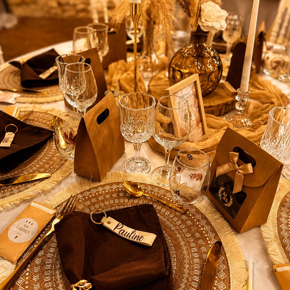 Dressage de table : sets tressés, serviettes chocolat et couverts dorés