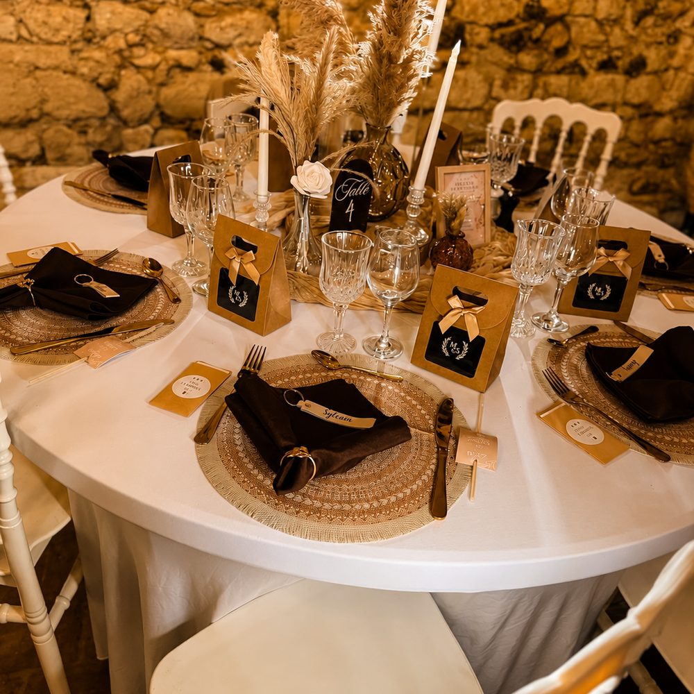 Table ronde dressée avec pampas, bougies et marque-places personnalisés