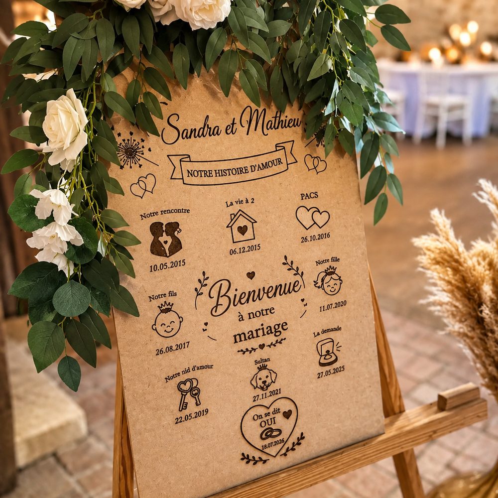 Panneau de bienvenue gravé, entouré de roses blanches et eucalyptus