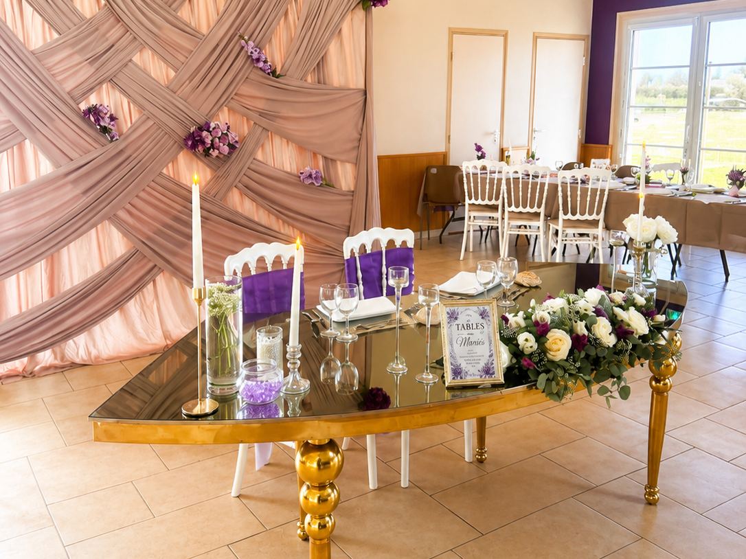 Table des mariés à plateau miroir devant une tenture drapée
