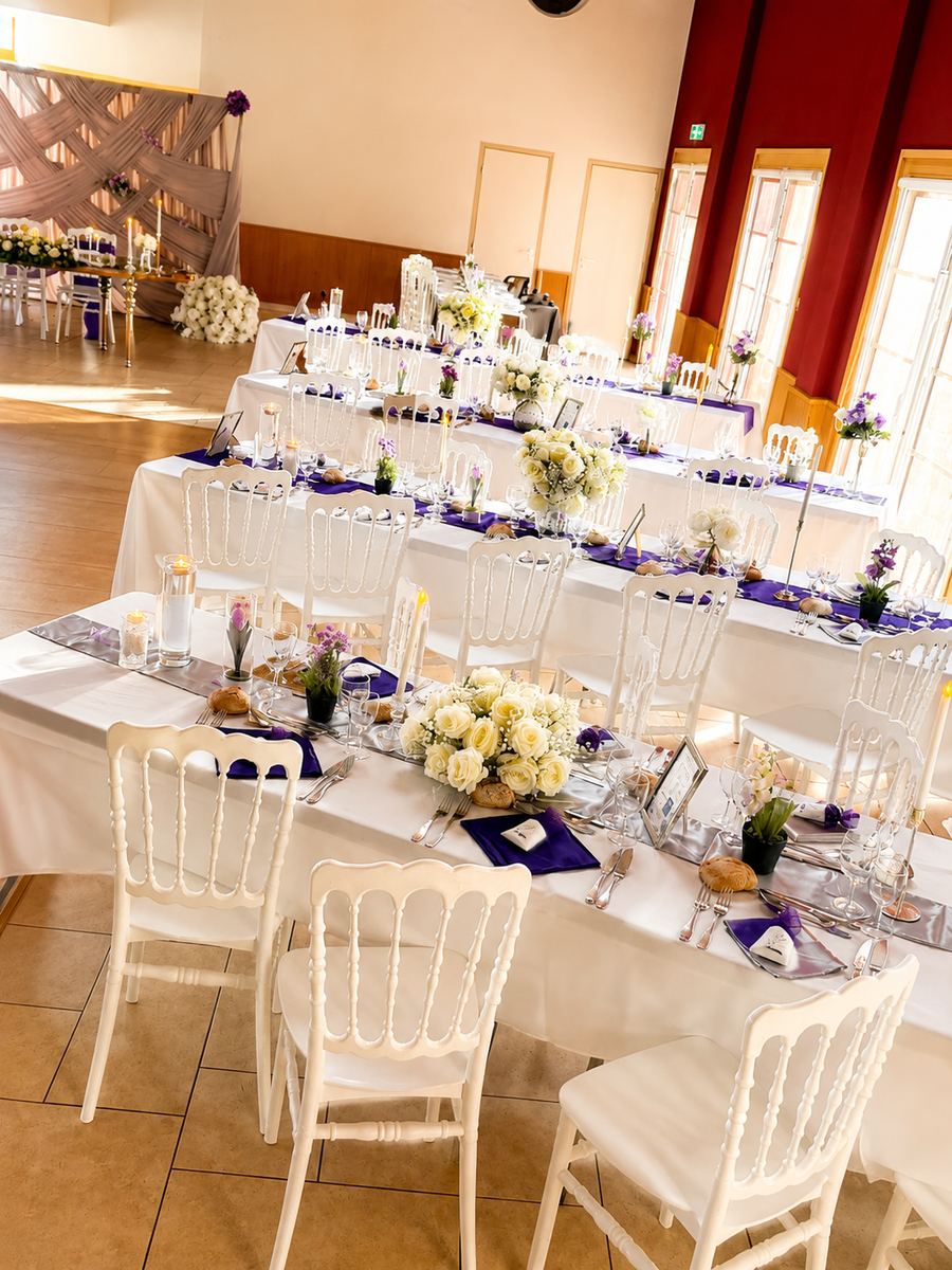 Tables longues dressées en blanc, violet et argent